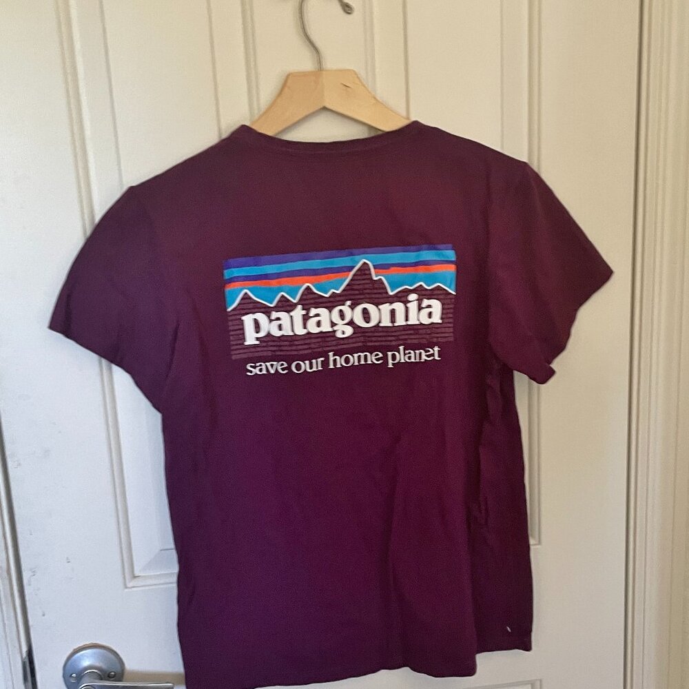 NEW Patagonia Womens P-6 Mission Organic Tee NWT XL Plum Save Our Home Planet